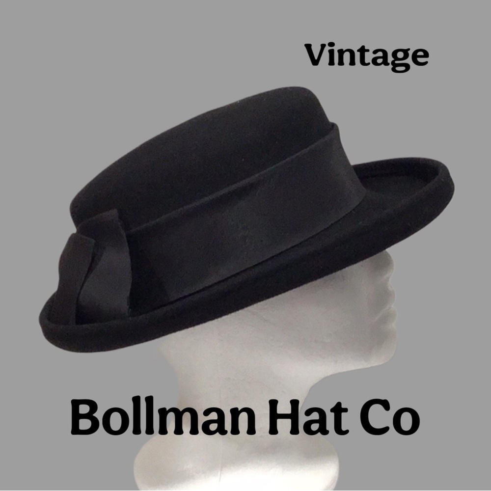 Vintage BOLLMAN HAT CO Doeskin Black Wool Felt Up-Turn Brim Hat Made in USA